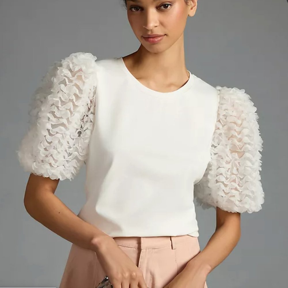 Anthropologie Flat White Ruffle-Sleeve Top S New